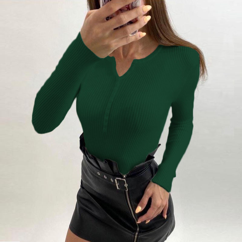 Fashion Dark Green Solid Color V-neck Long-sleeved Sweater