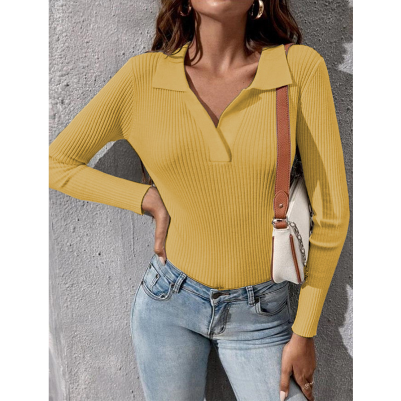Fashion Yellow Polyester Lapel Knitted Sweater