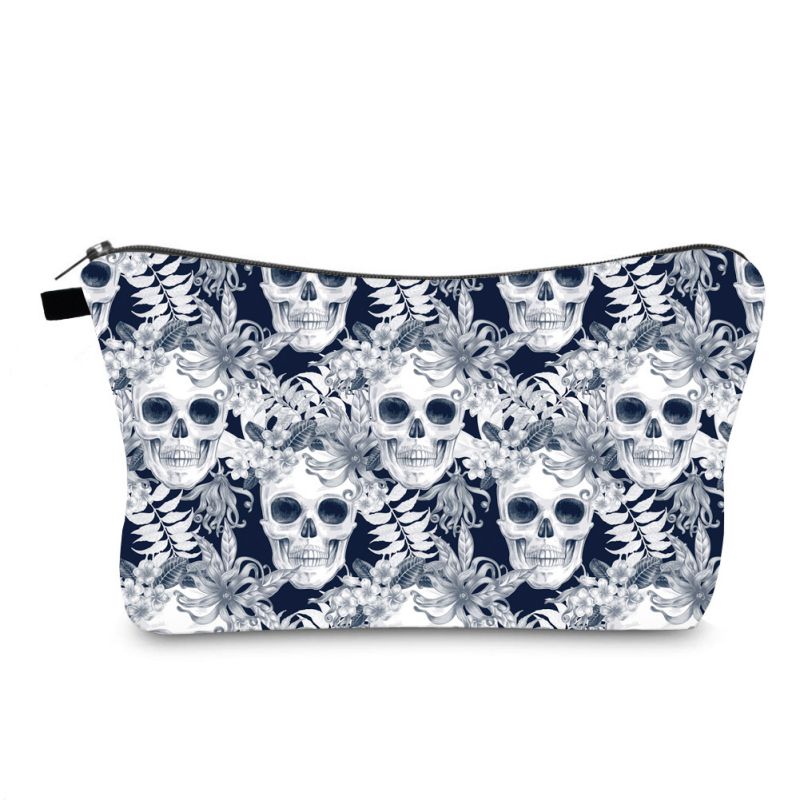 Fashion Color Polyester Skull Print Storage Toiletry Clutch Bag