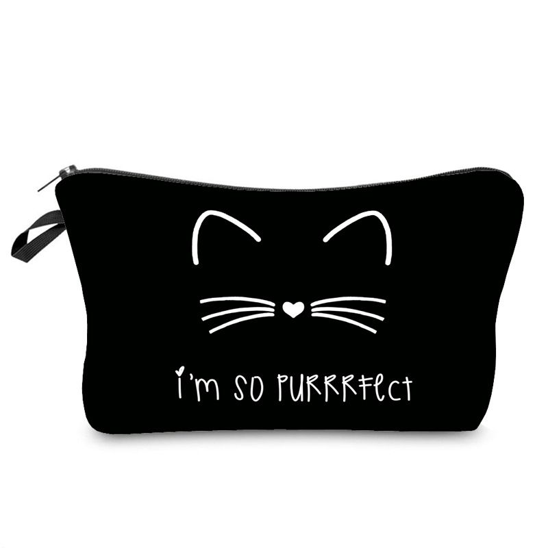 Fashion Color Polyester Cat Print Toiletry Storage Clutch Bag