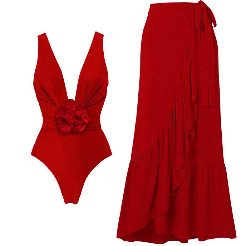 Fashion Red Suit Polyester One Piece Swimsuit Set