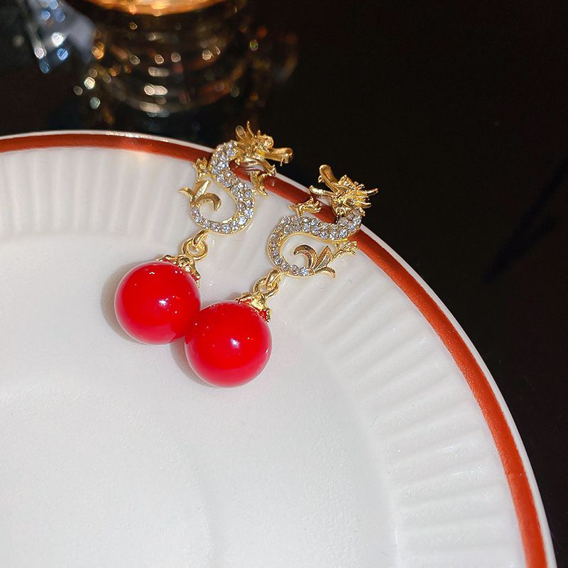 Fashion Silver Needle-red Imitation Pearl And Diamond Dragon Shape Earrings