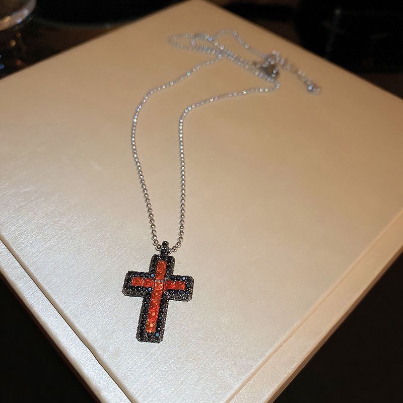 Fashion Necklace - Silver Zirconium Micropaved Cross Necklace