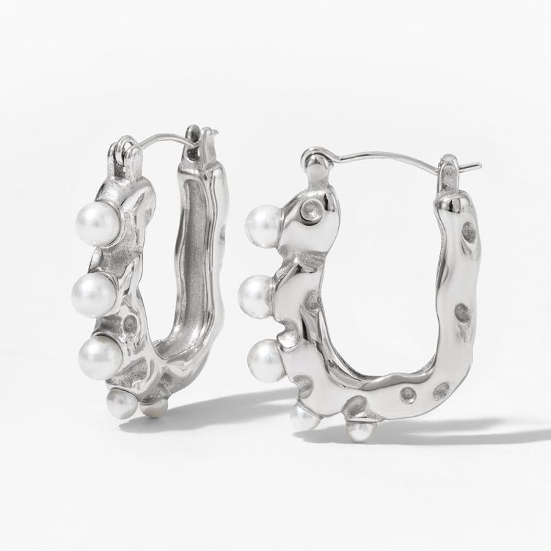 Fashion Silver Pearl Stainless Steel U-shaped Earrings