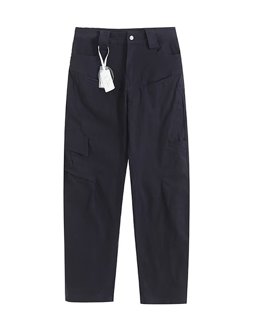 Fashion Dark Blue Black Polyester Multi-pocket Cargo Trousers