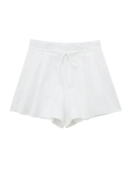 Fashion White Linen Tie Pleated Shorts