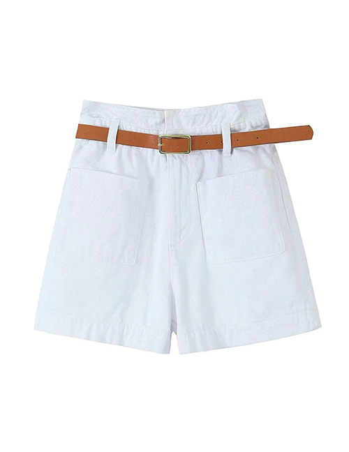 Fashion White Polyester Belted Oversized Pocket Shorts