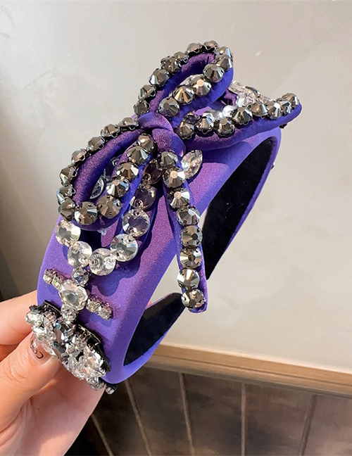 Fashion Purple Fabric Diamond Bow Wide Brim Headband