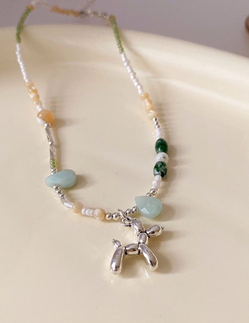 Fashion Necklace - Silver - Green Waterdrop Mother-of-jade Beaded Puppy Necklace