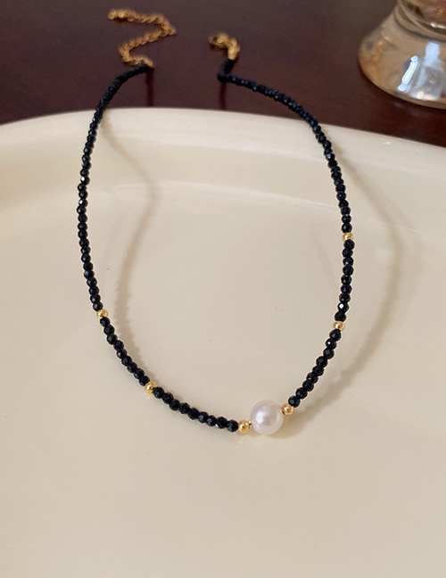 Fashion Necklace - Gold - Black Crystal Beaded Pearl Necklace