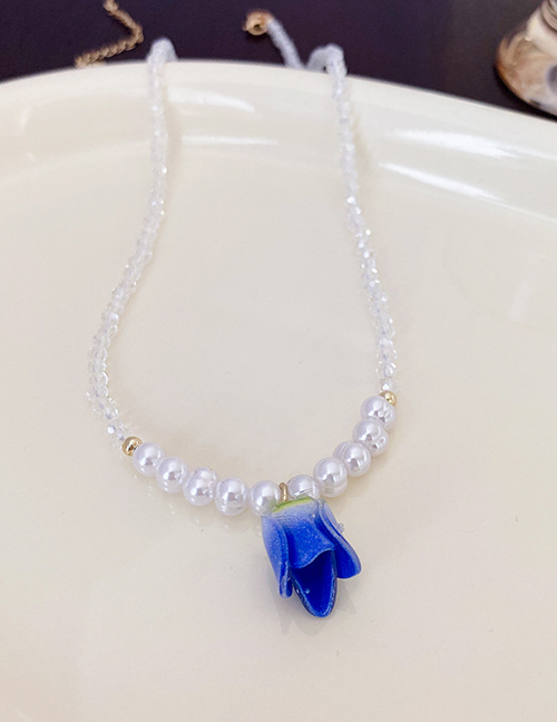 Fashion Necklace - Transparent Blue Flower Pearl Crystal Beaded Flower Necklace