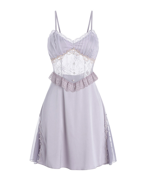 Fashion Taro Purple Polyester Lace See-through Suspender Nightdress