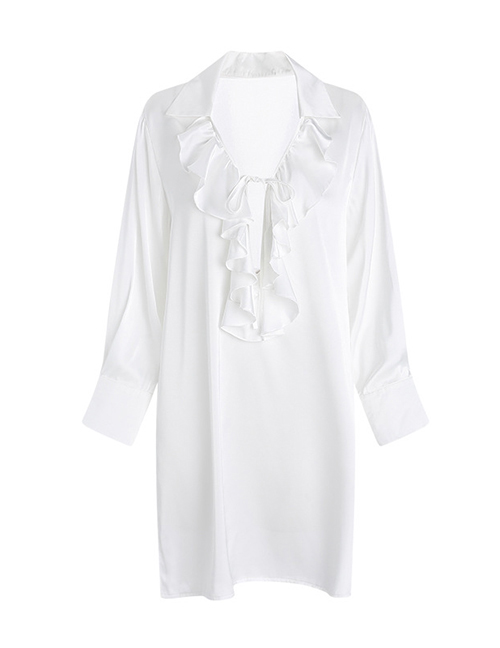 Fashion White Falbala Deep V Solid Color Nightdress