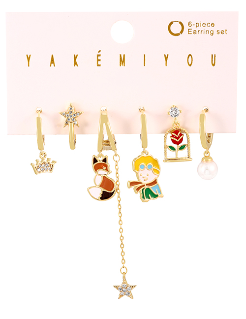 Fashion Gold Copper Inlaid Zircon Drip Oil Little Prince Fox Pendant Chain Earrings Set Of 6