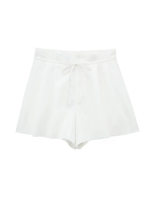 Fashion White Linen Pleated Lace-up Shorts