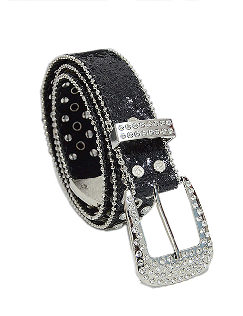 Fashion Black Pu Diamond Sequin Pin Buckle Wide Belt