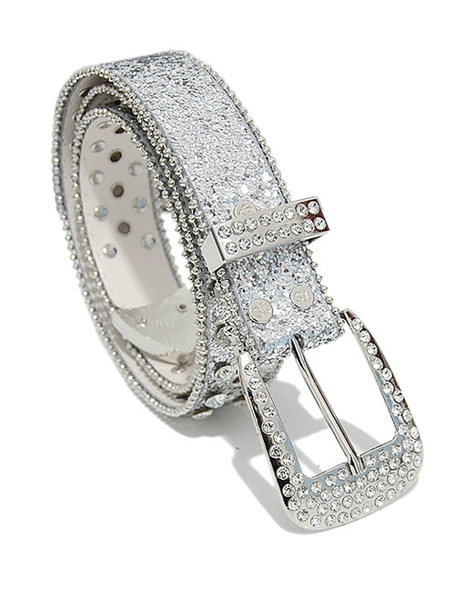 Fashion Silver Pu Diamond Sequin Pin Buckle Wide Belt