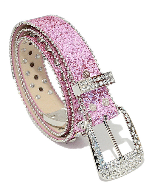 Fashion Pink Pu Diamond Sequin Pin Buckle Wide Belt