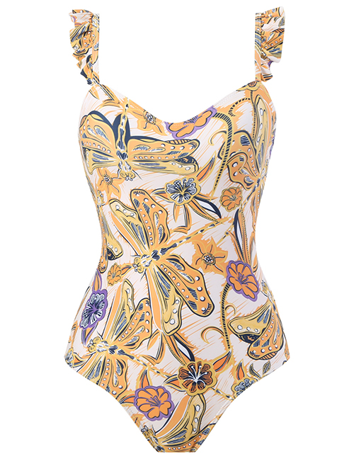 Fashion Yellow Dragonfly Polyester Print One-piece Swimsuit