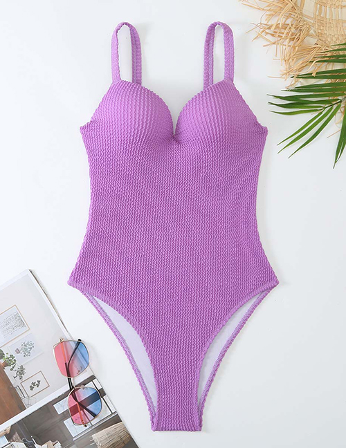 Fashion Purple Polyester Crinkled One-piece Swimsuit