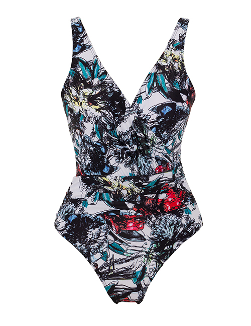 Fashion Black Flowers Polyester Print One-piece Swimsuit