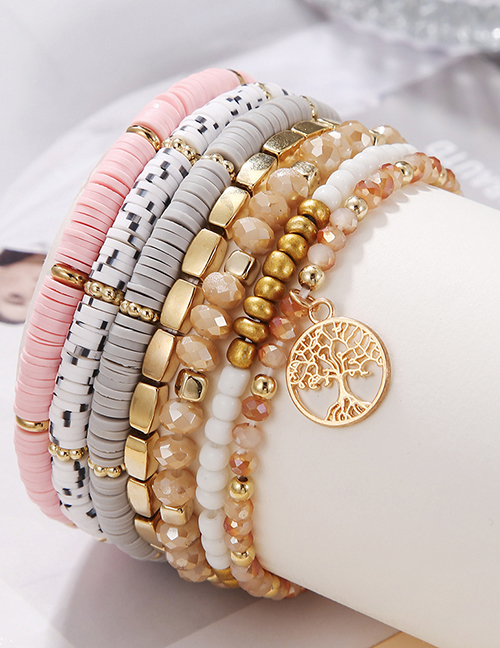 Fashion Gold Tree Of Life Bracelet Set With Multicolored Clay Crystal Beads