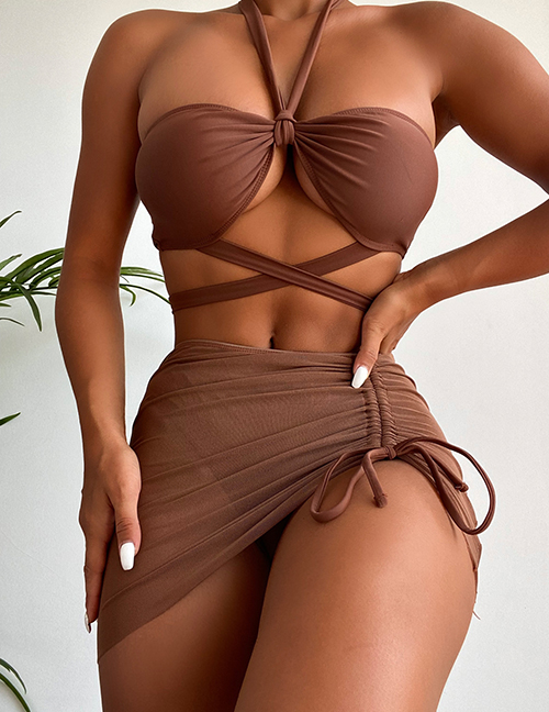 Fashion Brown Nylon Halter Neck Ties Two-piece Swimsuit Three-piece Set