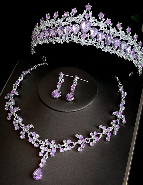 Fashion 8 Silver Purple Crown + Necklace Ear Stitches Alloy Diamond Geometric Crown Earrings Necklace Set