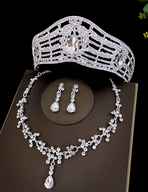 Fashion 2 Silver Crown + Necklace Earrings Alloy Diamond Geometric Crown Earrings Necklace Set