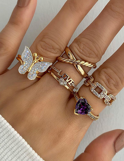 Fashion Gold Alloy Diamond Letter Heart Butterfly Ring Set