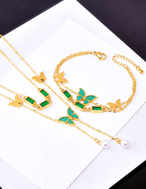 Fashion Green Necklace+bracelet Titanium Steel Square Diamond Butterfly Bracelet Necklace Set