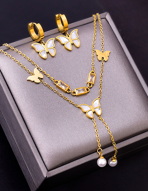 Fashion White Necklace+earrings Titanium Steel Square Diamond Butterfly Earrings Necklace Set