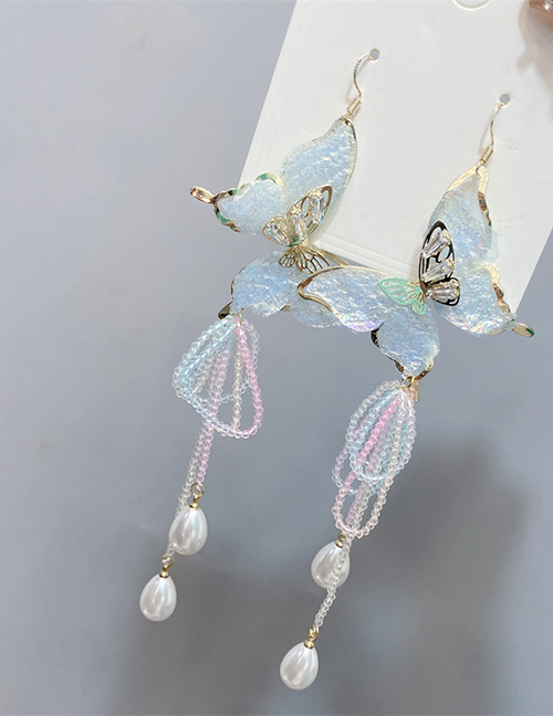 Fashion Sky Blue Earrings Crystal Pearl Tassel Butterfly Earrings
