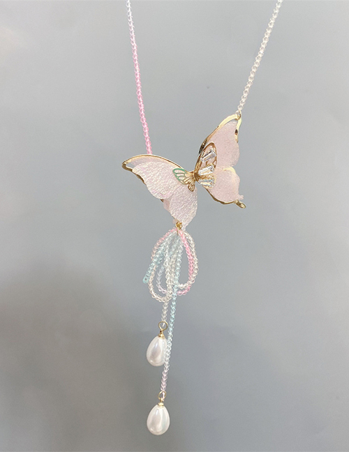 Fashion Pink Necklace Crystal Pearl Tassel Butterfly Necklace