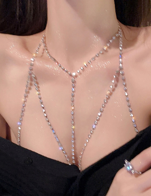 Fashion 2# Chest Chain - Silver Alloy Diamond Prong Chain Body Chain
