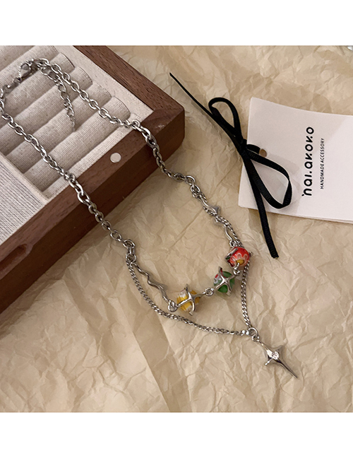 Fashion 6#necklace-silver Bead Flower Alloy Geometric Starburst Double Layer Necklace