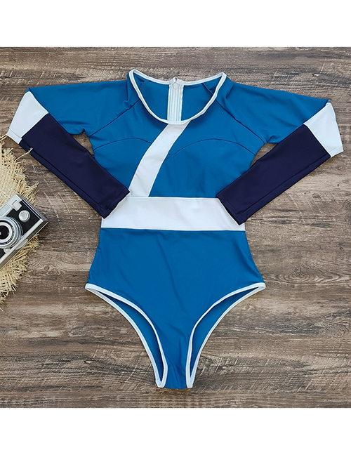 Fashion Blue Stitching Polyester Color Block Long Sleeve One-piece Swimsuit