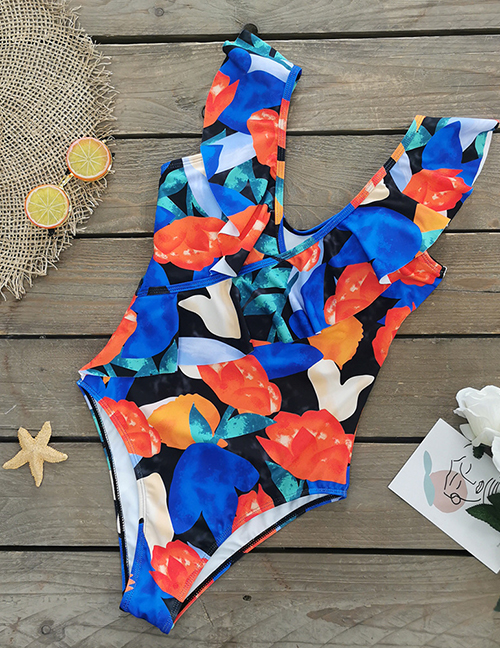 Fashion Black Red And Blue Printing + Double Flying Edge Polyester Print One-piece Swimsuit
