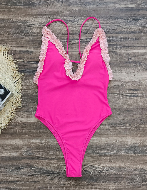 Fashion Rose Pink Polyester Lace One-piece Swimsuit