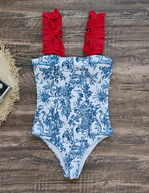 Fashion Blue Animal Print On White Polyester Color Block Print Swimsuit