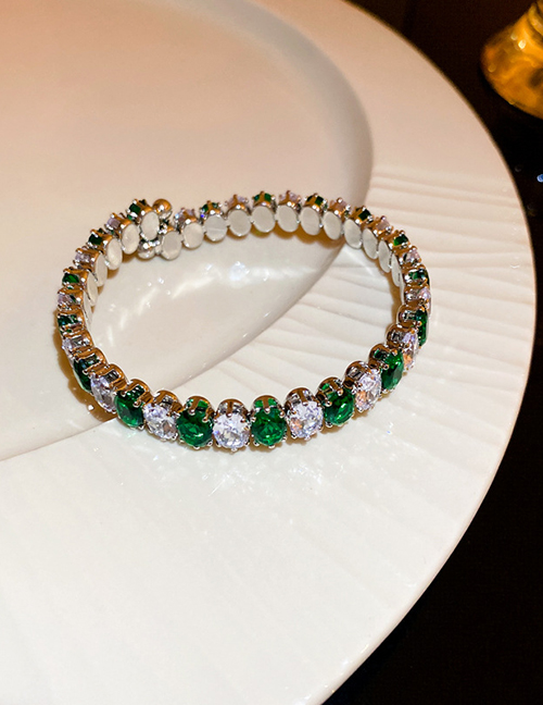 Fashion Open Bracelet - Green Copper Inlaid Zirconia Oval Bracelet