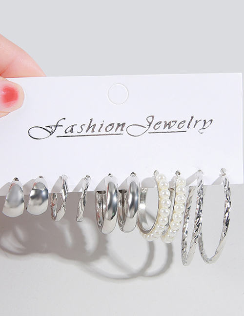 Fashion Silver Alloy Geometric Pearl Round Earring Set