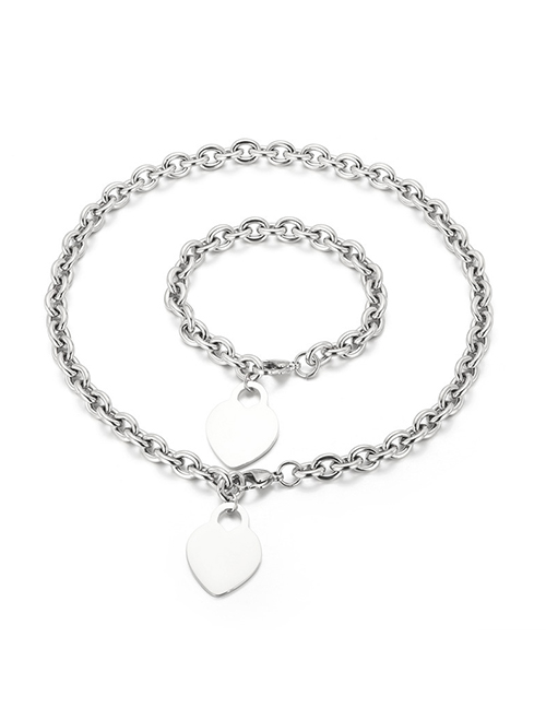 Fashion Steel Color Two Piece Set Titanium Steel Geometric Heart Bracelet Necklace Set