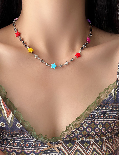 Fashion Necklace - Color - Silver Colorful Star Beaded Necklace