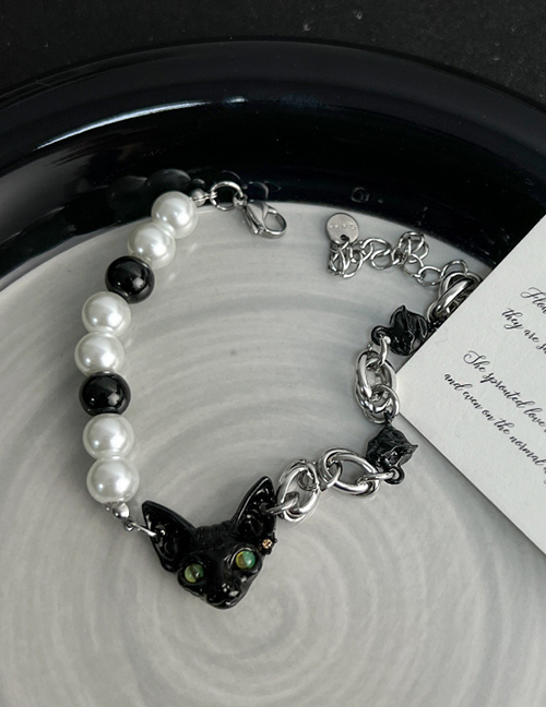 Fashion Bracelet - Black Alloy Pearl Round Bead Beaded Cat Bracelet