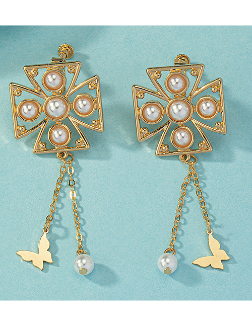 Fashion Gold Alloy Pearl Butterfly Tassel Earrings