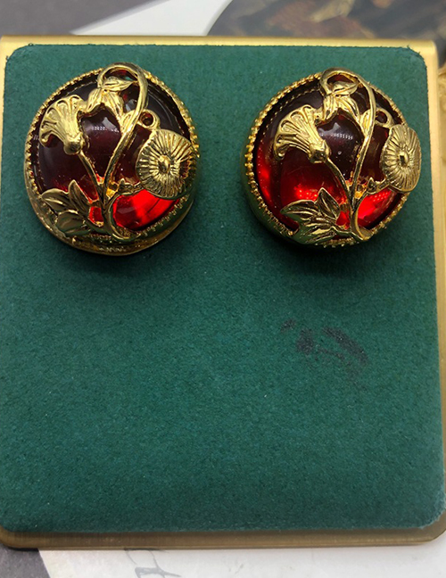 Fashion Red Earrings Alloy Hollow Engraved Flower Stud Earrings