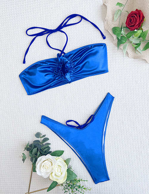 Fashion Blue Polyester Halter Neck One Piece Swimsuit