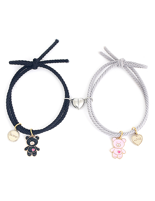 Fashion Love Magnet Powder Black Bear Tag Black And Gray Rope Pair A Pair Of Metal Dripping Oil Bear Magnetic Suction Love Bracelet