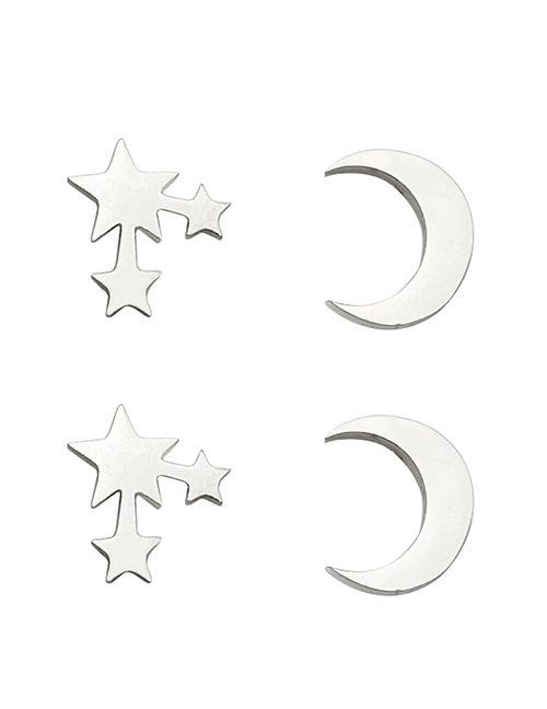 Fashion Silver Titanium Steel Star And Moon Stud Earrings Set